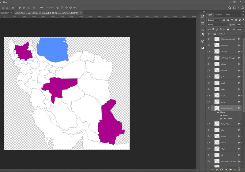 طرح لایه باز نقشه ایران به تفکیک استانی، دریا، دریاچه (PSD)